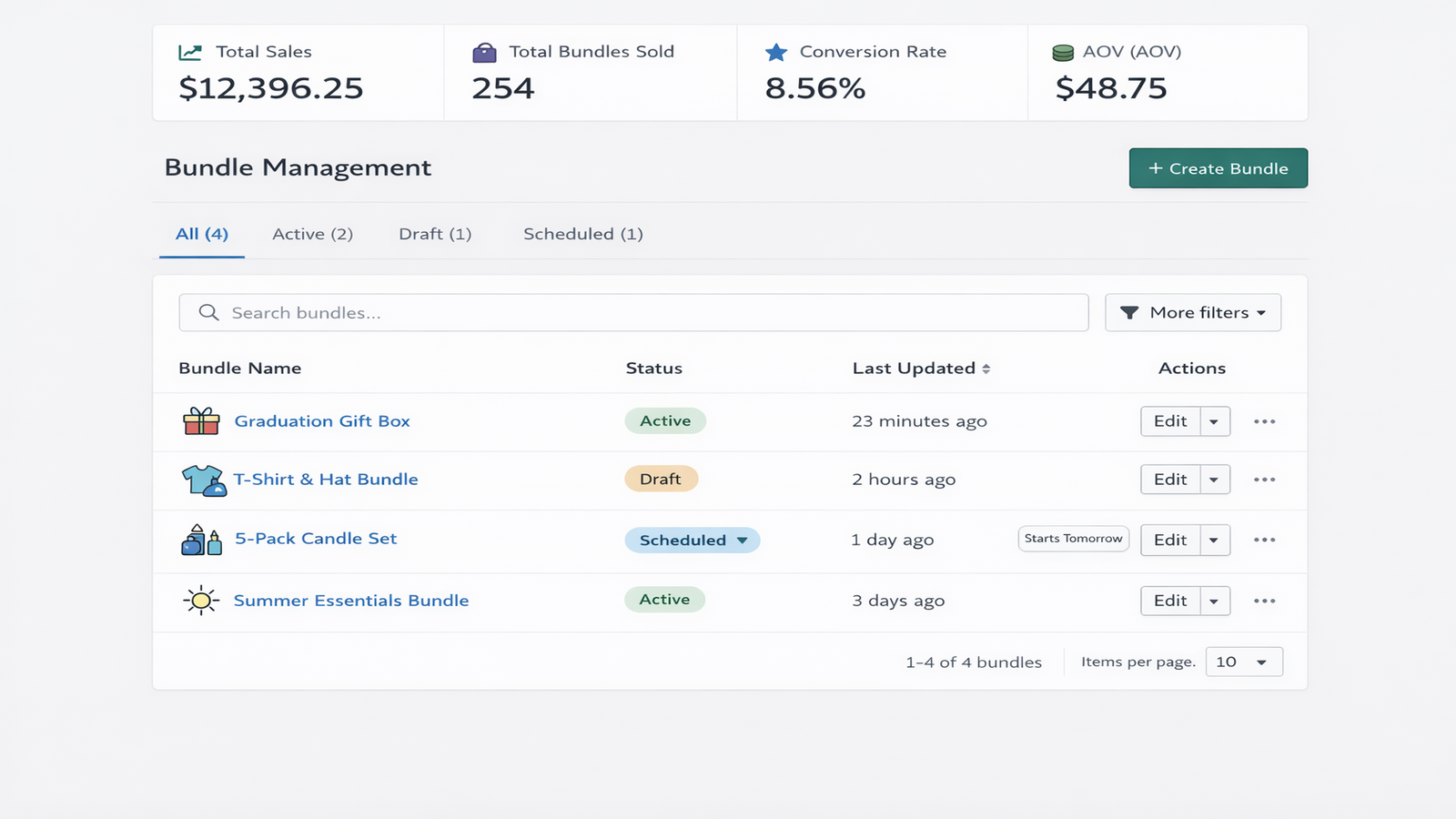 BundleBee admin list for managing bundle offers