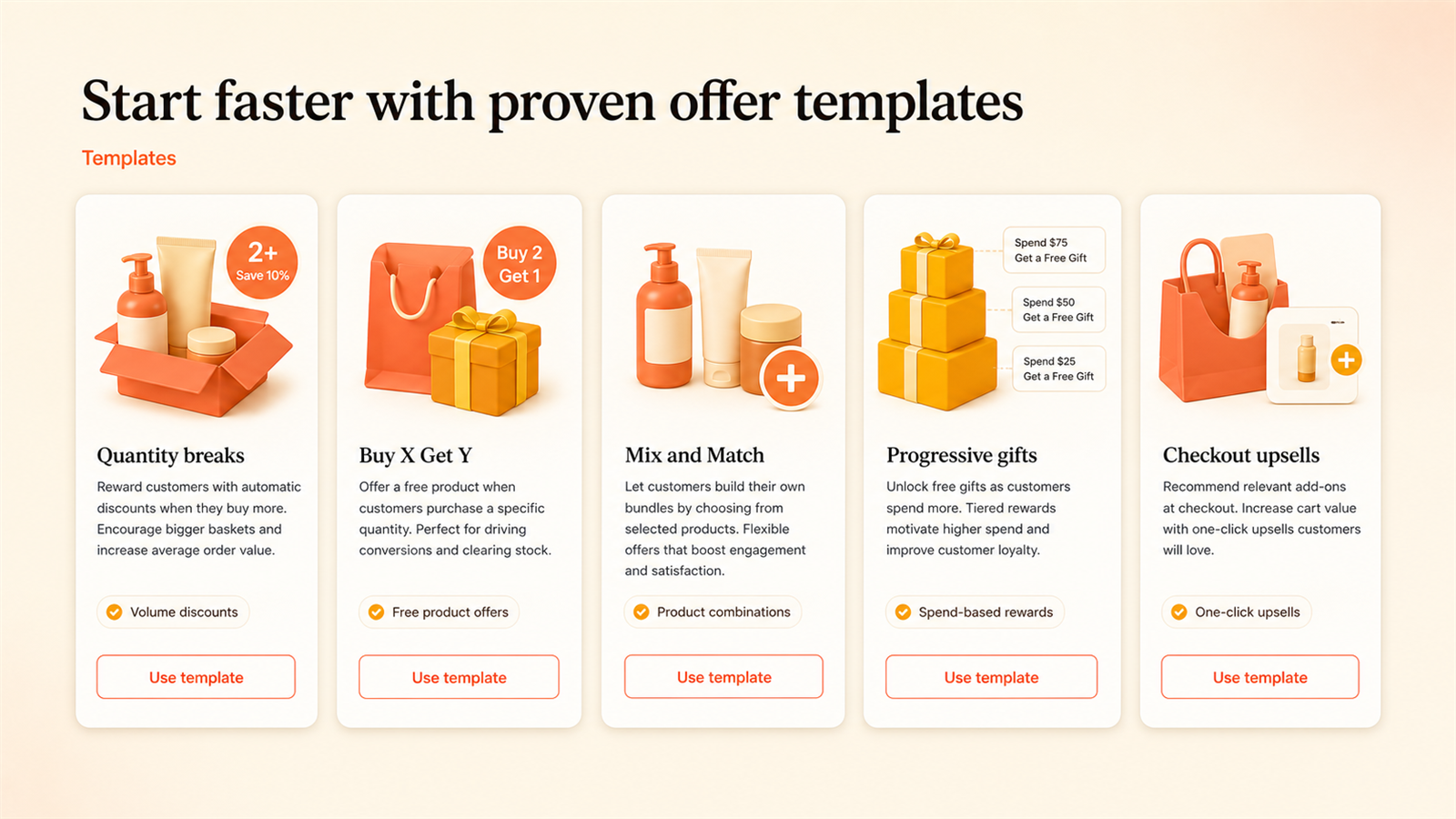 Start quickly with templates for bundles, gifts, and upsells