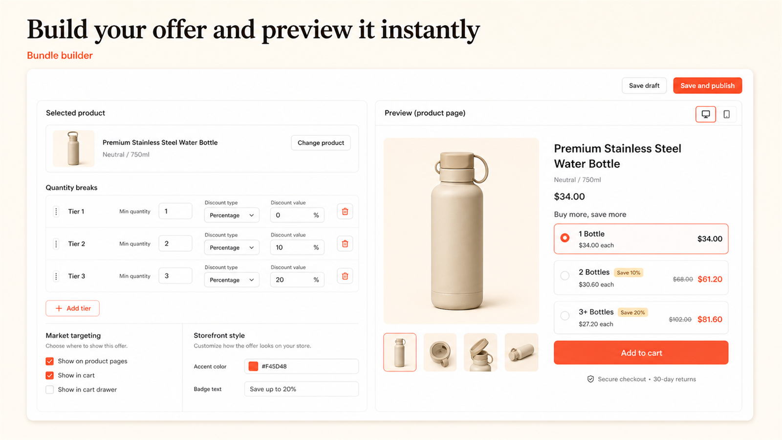 Build quantity offers and preview the storefront experience