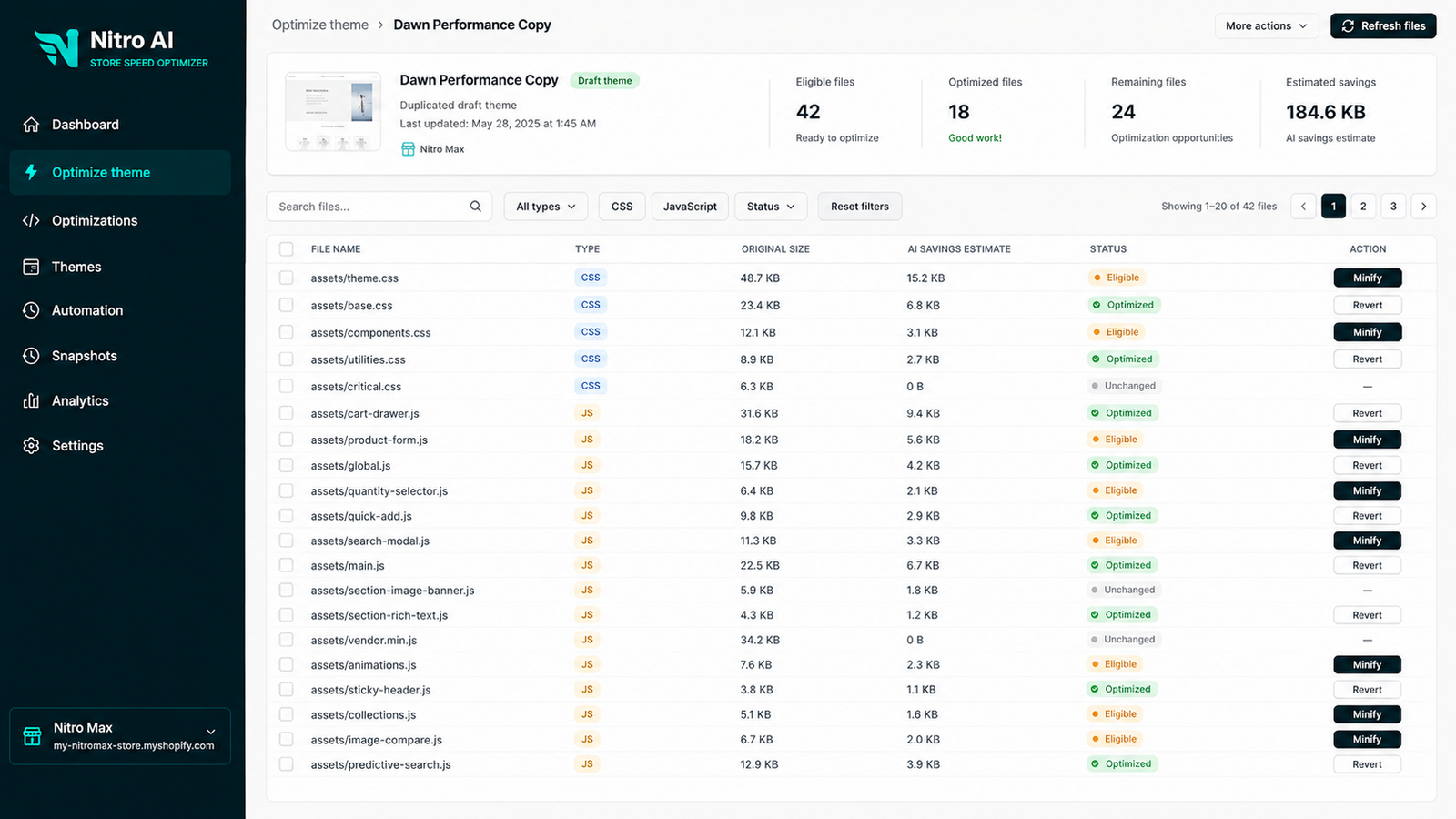 Theme files with AI savings estimates and minify actions
