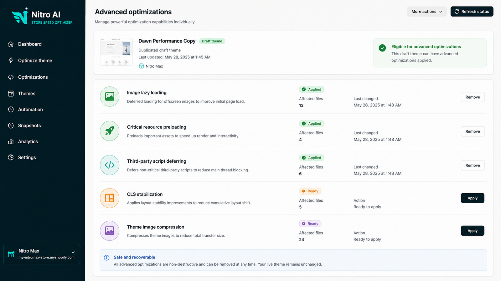 Advanced theme optimization controls and statuses