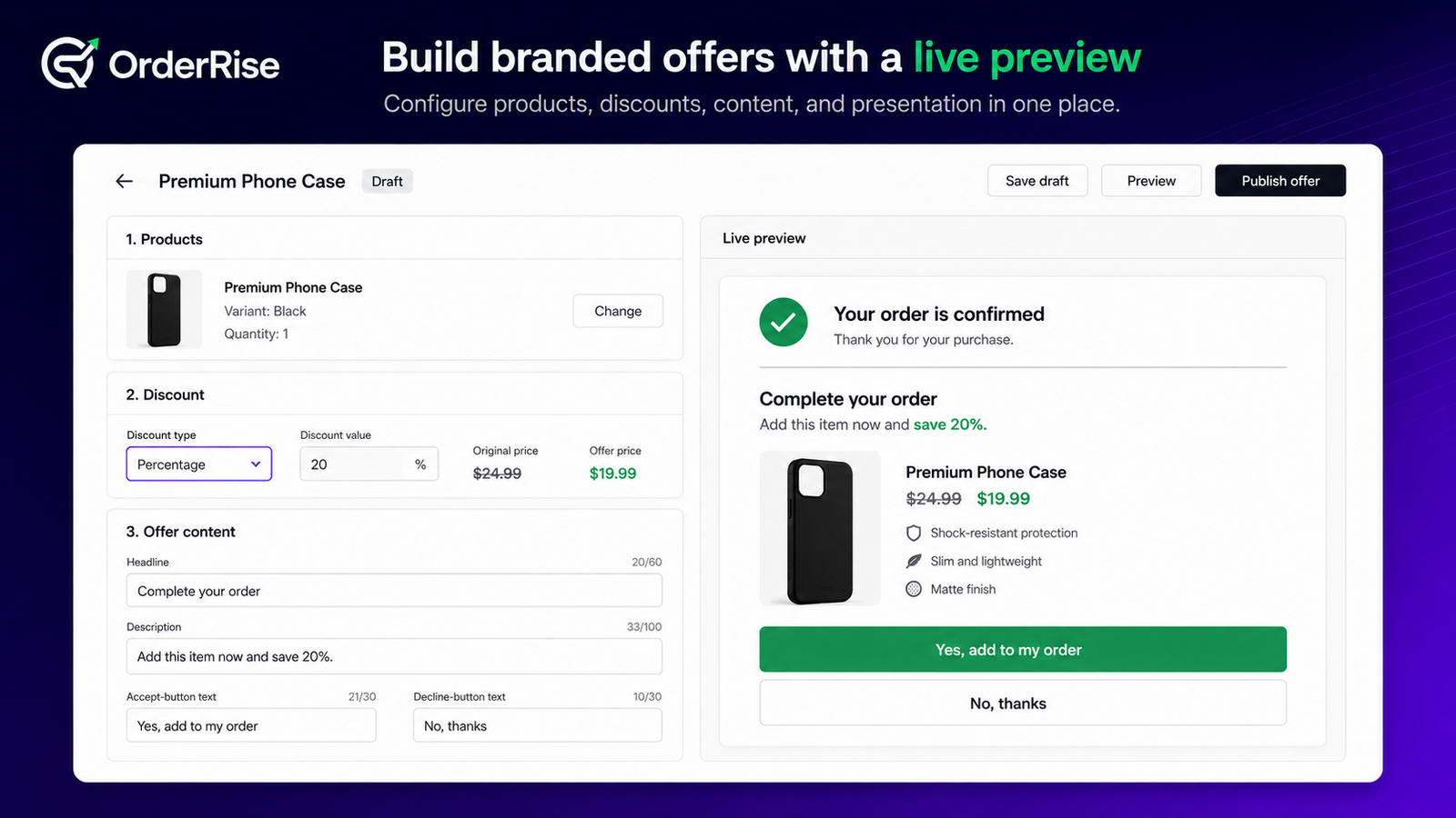 Build an offer with product settings and a live preview