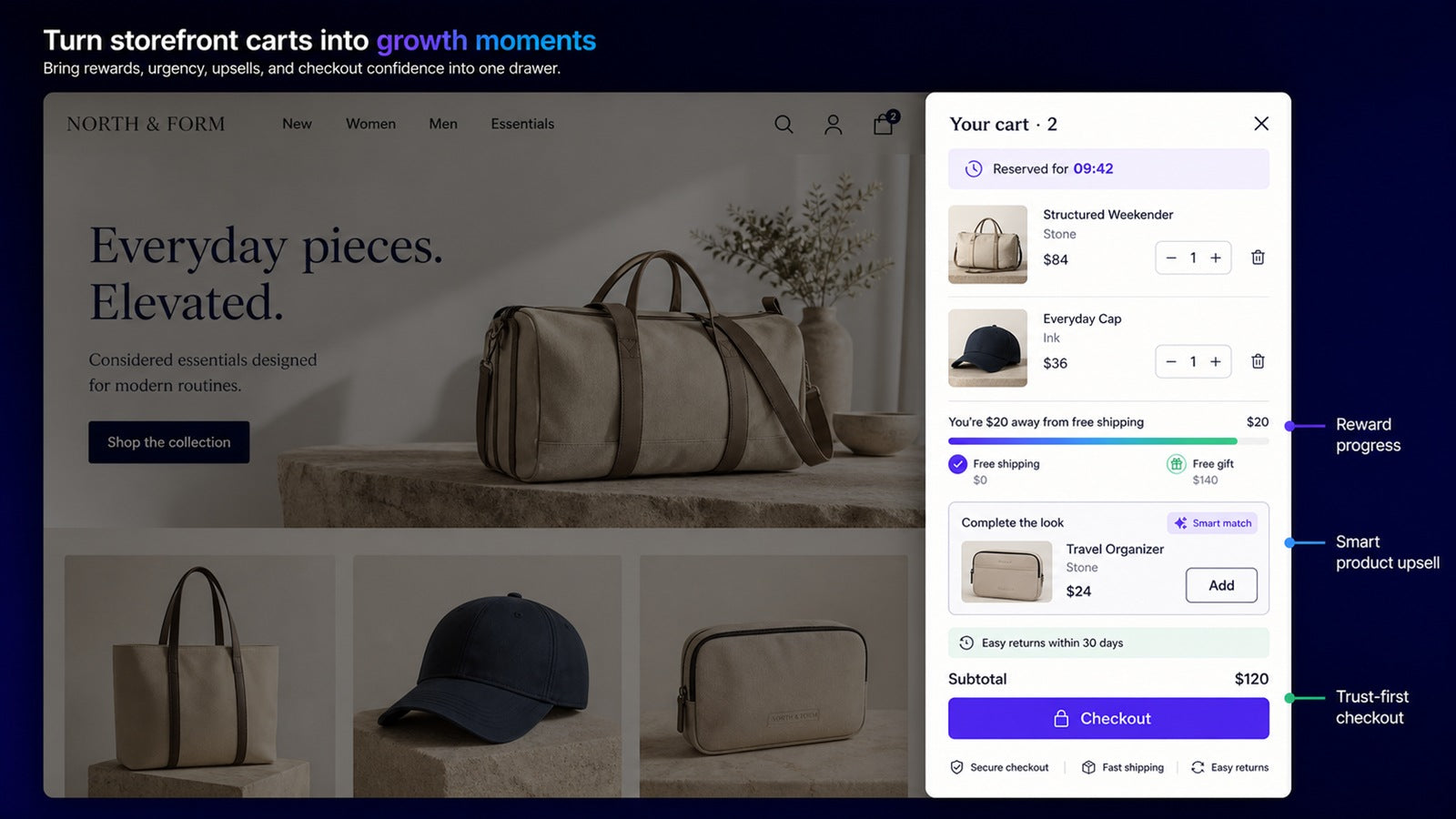 Show rewards, smart upsells, and trust in the live cart