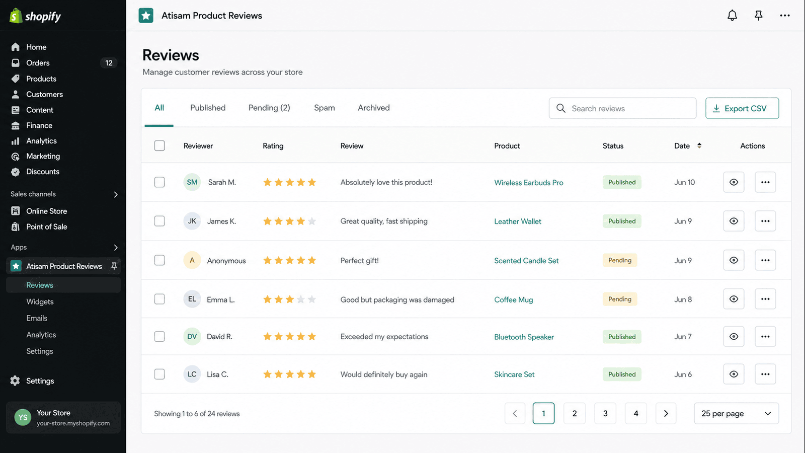 Product Reviews list with status filters and bulk actions