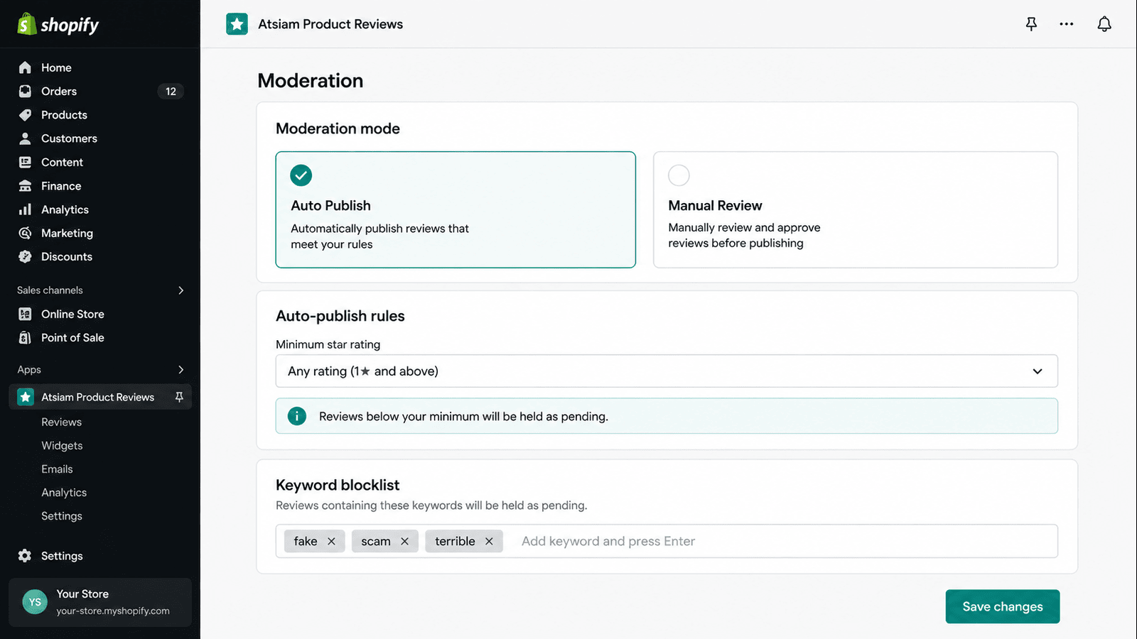 Product Reviews moderation settings with auto-publish rules