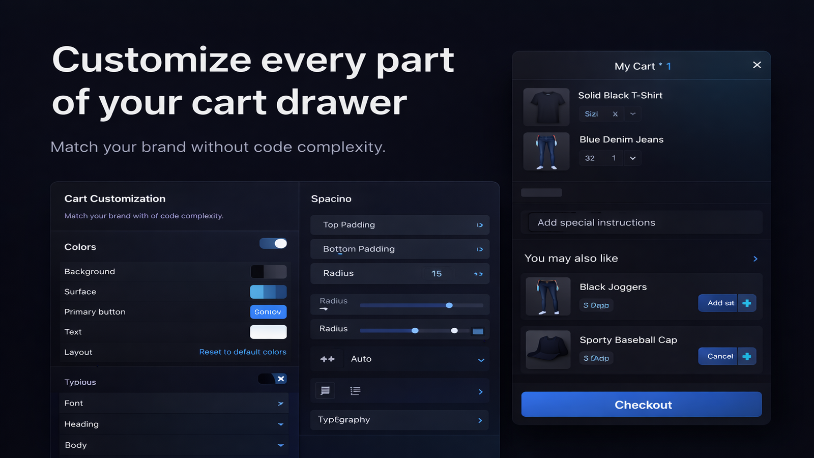 Smart Drawer controls for colors, spacing, layout, and storefront styling
